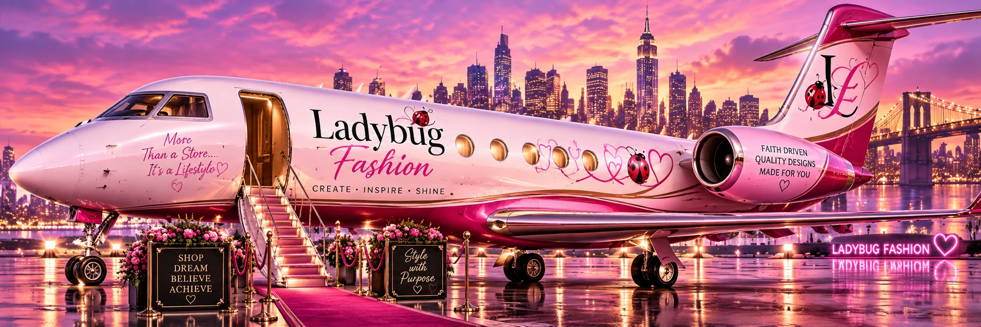 The Ladybug Fashion jet on the runway at sunset, lettered Ladybug Fashion, Create Inspire Shine, with a red carpet down to the steps and the city skyline behind it.